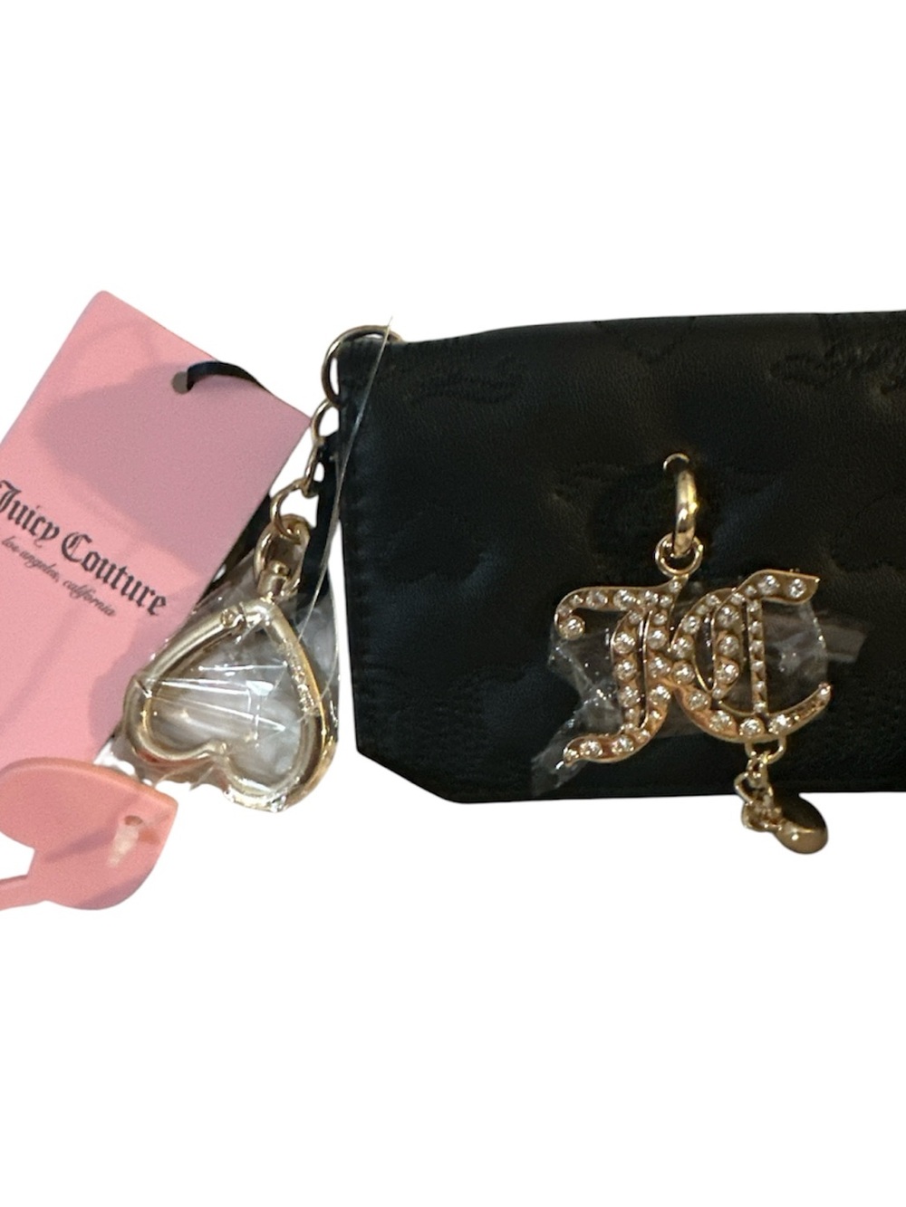 NWT Juicy Couture Black Quilted Key Pouch with Pink Tag and Gold Logo Charm